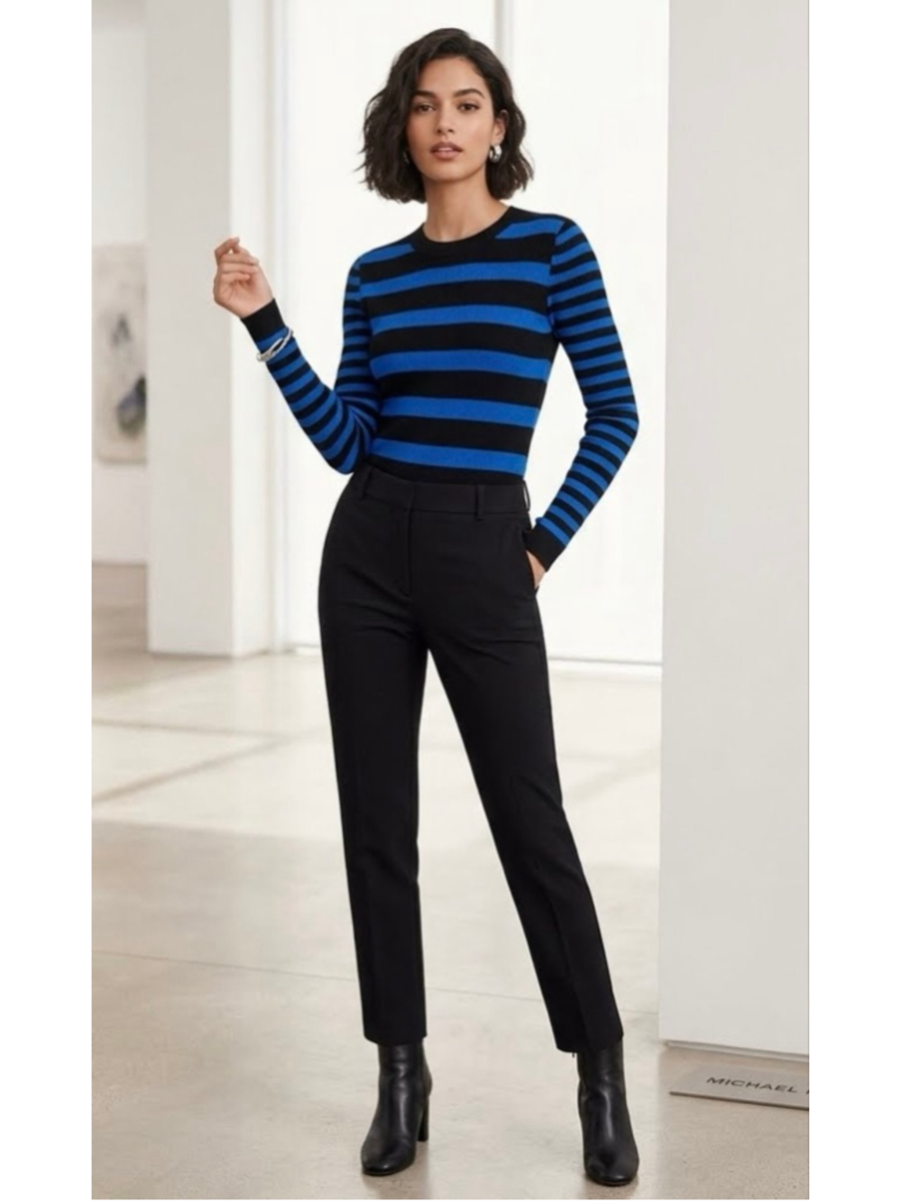 NWT Michael Kors Black & Blue Striped Long Sleeve Zip Accent Top - Size S